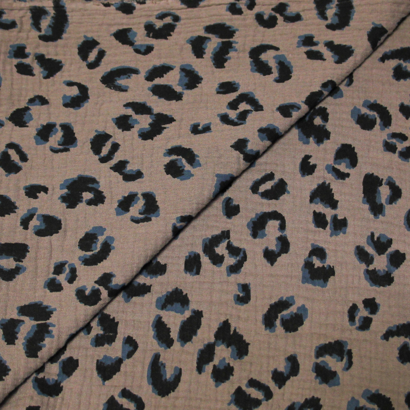 Double gaze 100% coton - Léopard bleu sur fond taupe