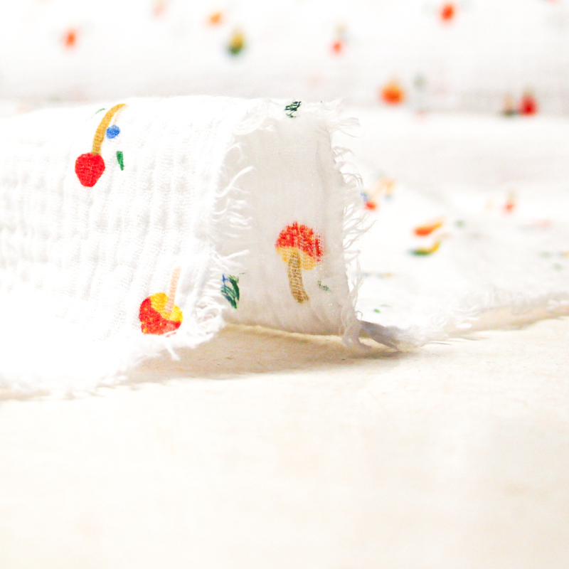 Double gaze 100% coton - Champignons sur fond blanc