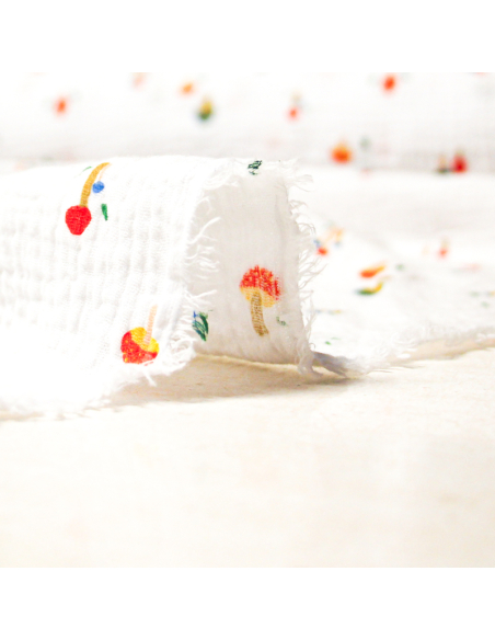 Double gaze 100% coton - Champignons sur fond blanc