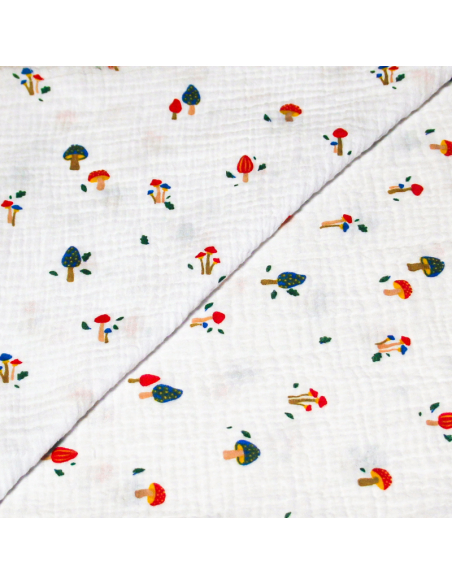 Double gaze 100% coton - Champignons sur fond blanc