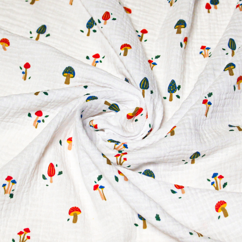 Double gaze 100% coton - Champignons sur fond blanc