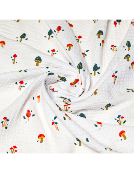 Double gaze 100% coton - Champignons sur fond blanc