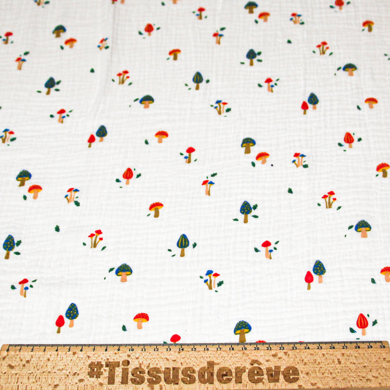 Double gaze 100% coton - Champignons sur fond blanc