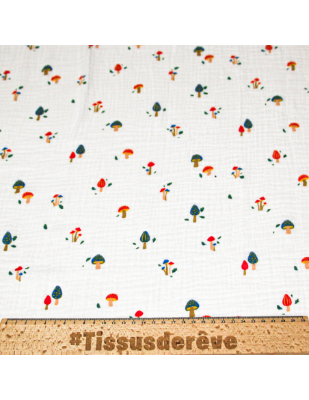 Double gaze 100% coton - Champignons sur fond blanc