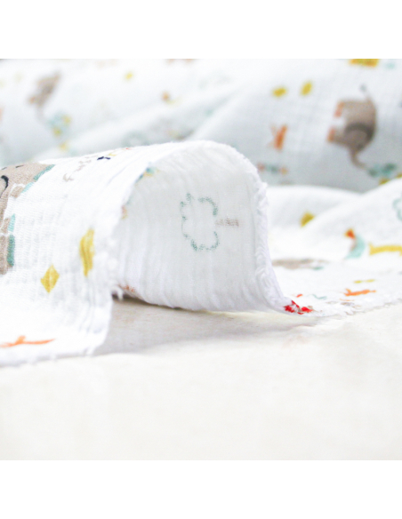 Double gaze 100% coton - Éléphants magiques fond blanc