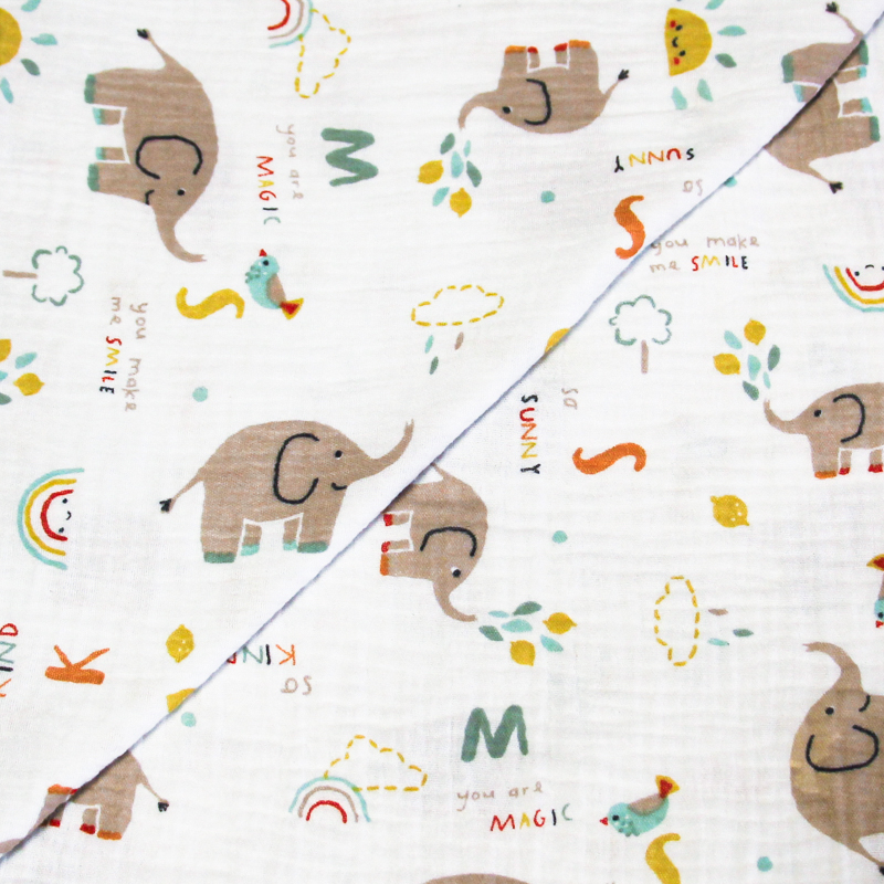 Double gaze 100% coton - Éléphants magiques fond blanc