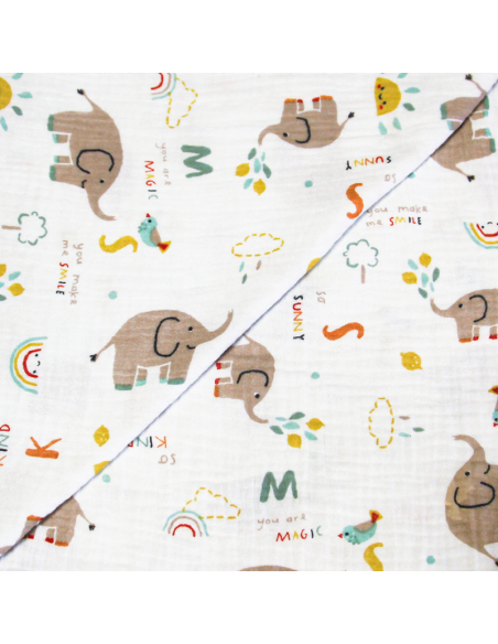 Double gaze 100% coton - Éléphants magiques fond blanc