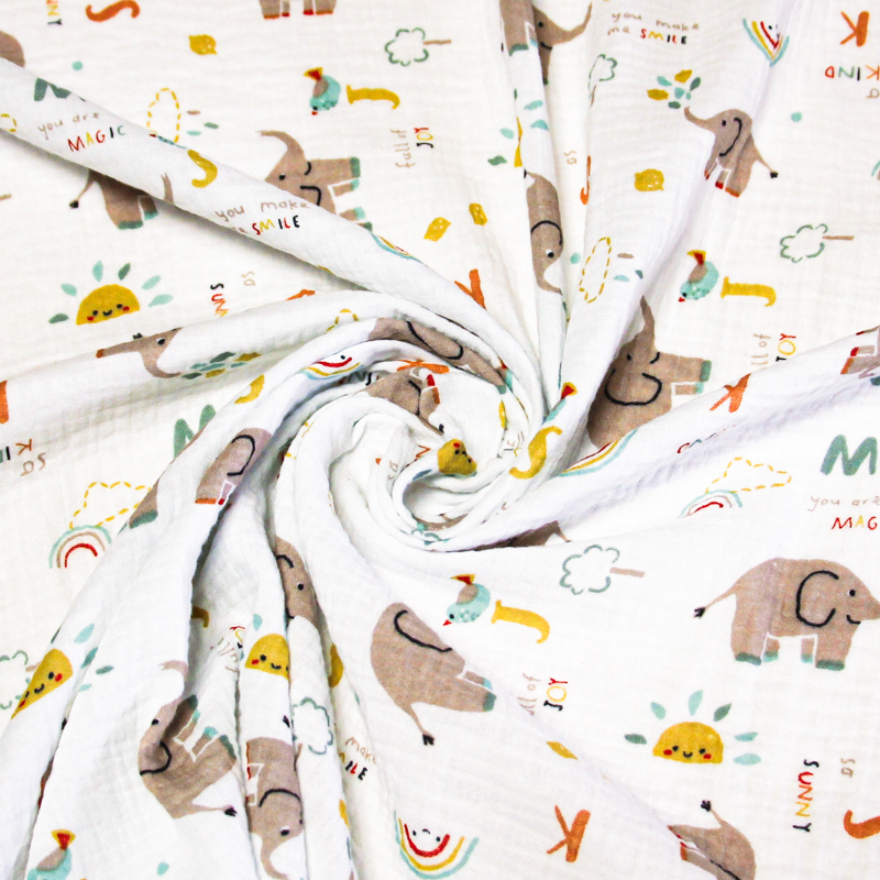 Double gaze 100% coton - Éléphants magiques fond blanc