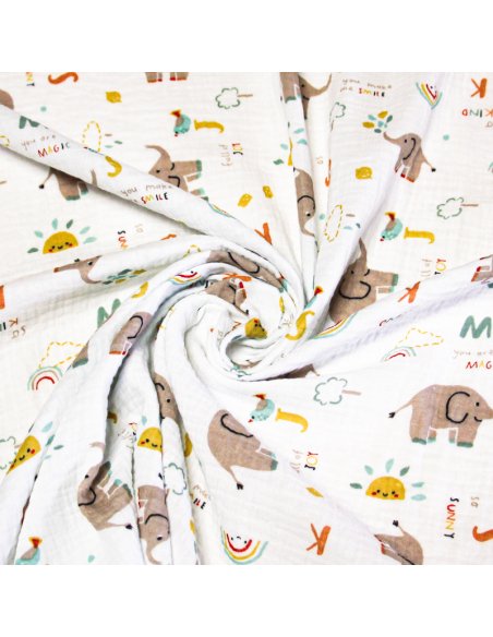 Double gaze 100% coton - Éléphants magiques fond blanc
