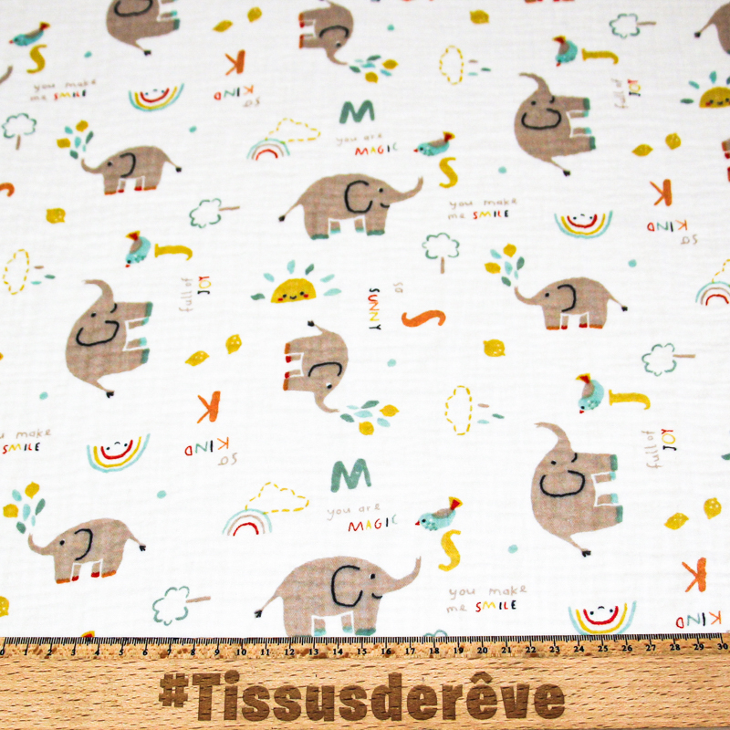 Double gaze 100% coton - Éléphants magiques fond blanc
