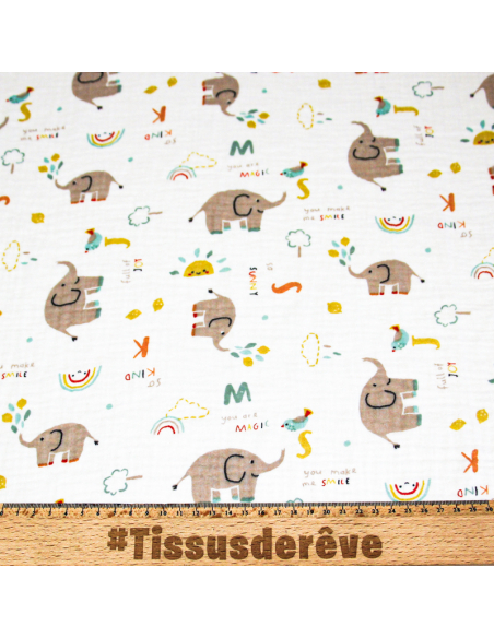 Double gaze 100% coton - Éléphants magiques fond blanc