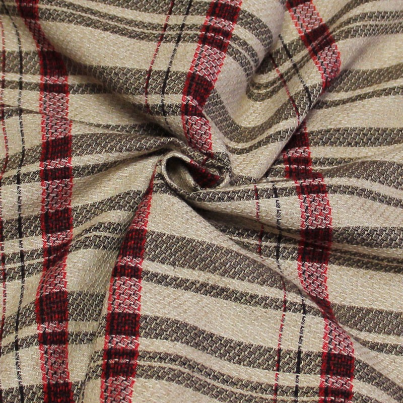 Étoffe lin & viscose - Carreaux rouge fond beige