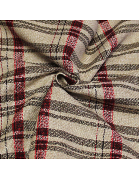 Étoffe lin & viscose - Carreaux rouge fond beige