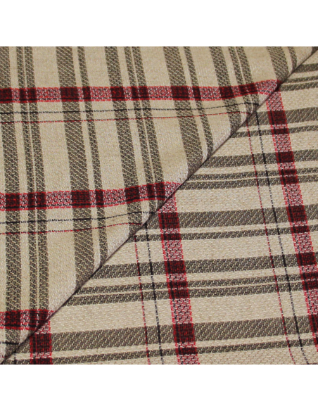 Étoffe lin & viscose - Carreaux rouge fond beige