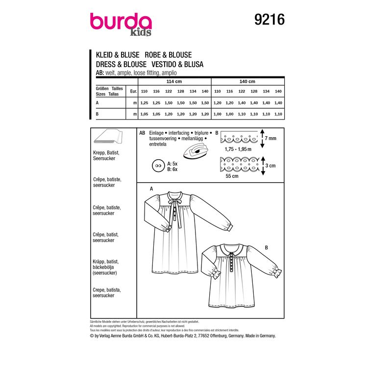 Patron Burda 9216 - Manteau pour enfants