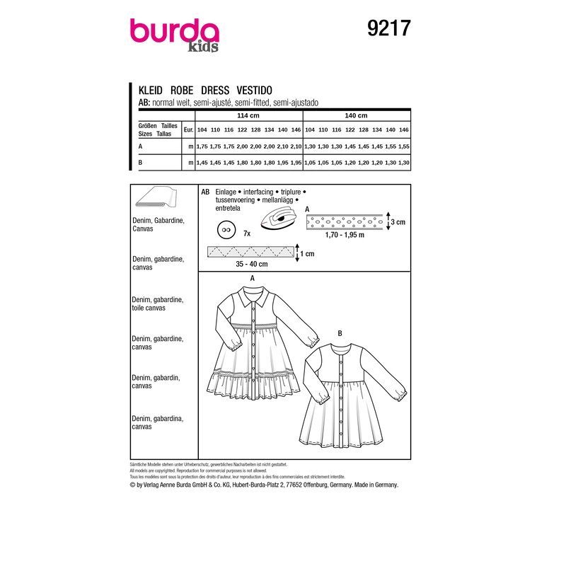 Patron Burda 9217 - Robe pour enfants