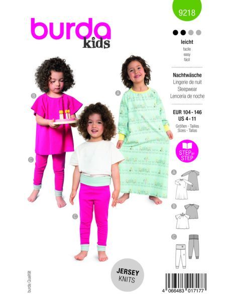 Patron Burda 9218- Chemise de nuit, pyjama pour enfants