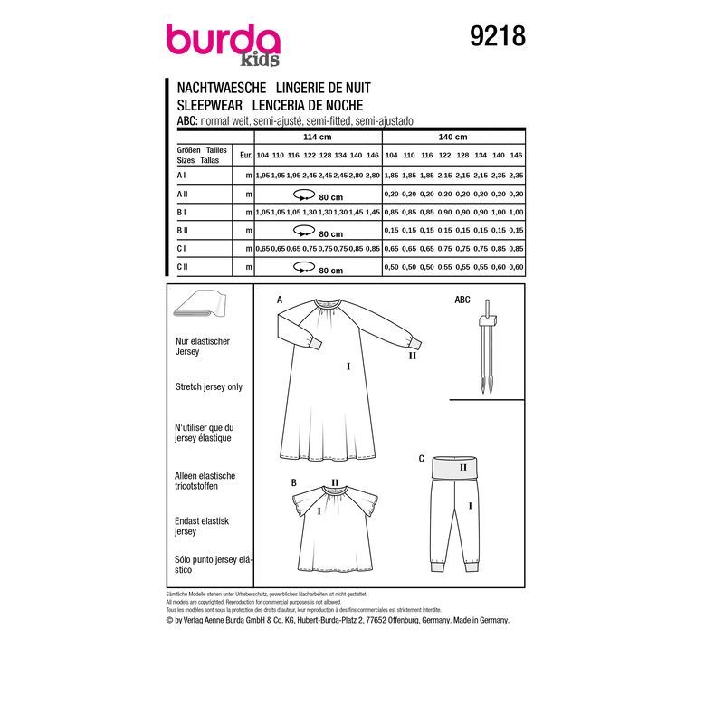 Patron Burda 9218- Chemise de nuit, pyjama pour enfants