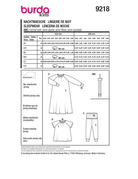 Patron Burda 9218- Chemise de nuit, pyjama pour enfants