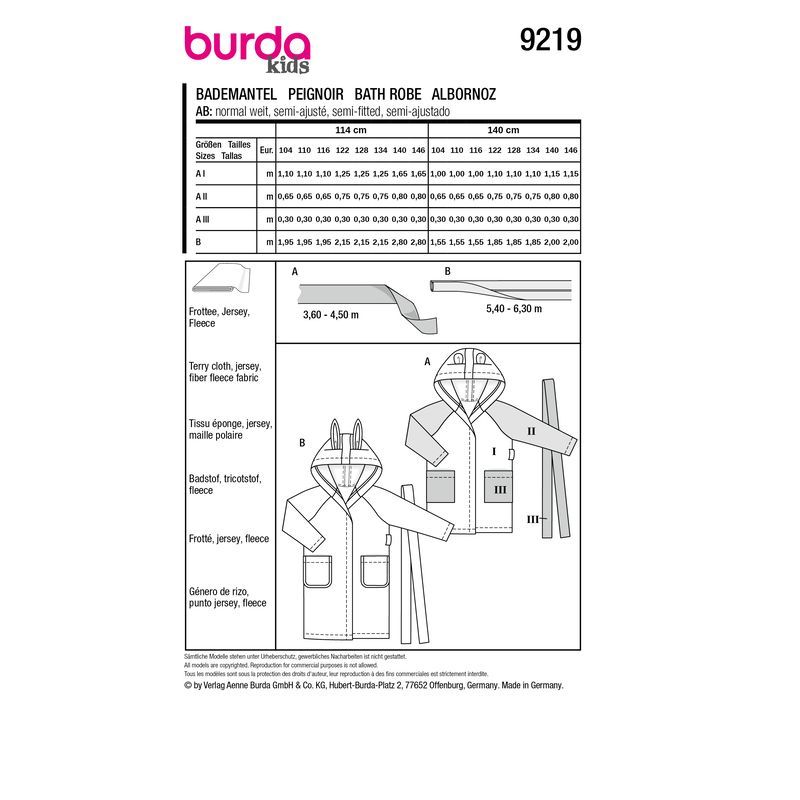 Patron Burda 9219 - Peignoir pour enfants