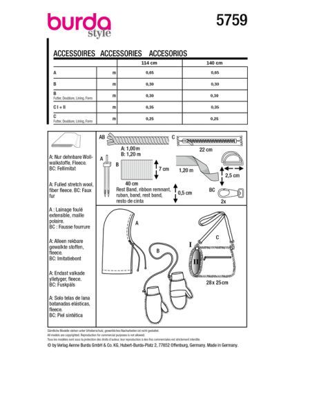 Patron Burda 5759 - Accessoires Automne/Hiver