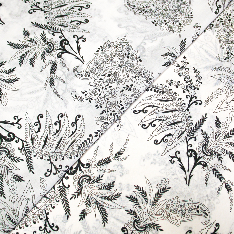 Voile 100% coton - Feuillage baroque noir et blanc