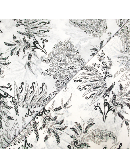 Voile 100% coton - Feuillage baroque noir et blanc
