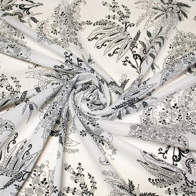 Voile 100% coton - Feuillage baroque noir et blanc