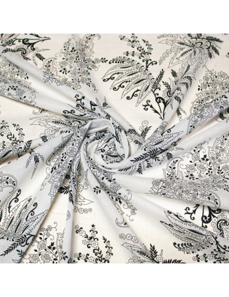 Voile 100% coton - Feuillage baroque noir et blanc