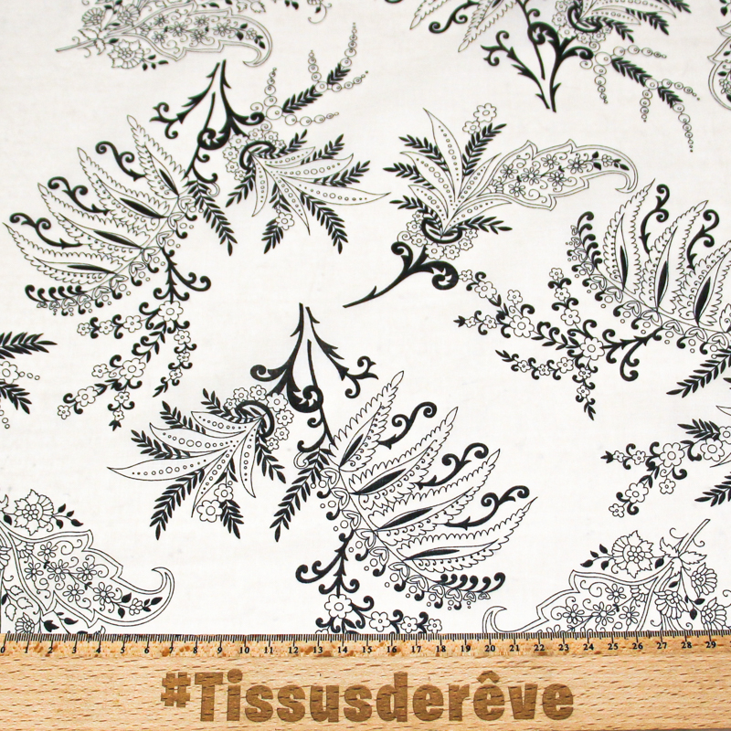Voile 100% coton - Feuillage baroque noir et blanc
