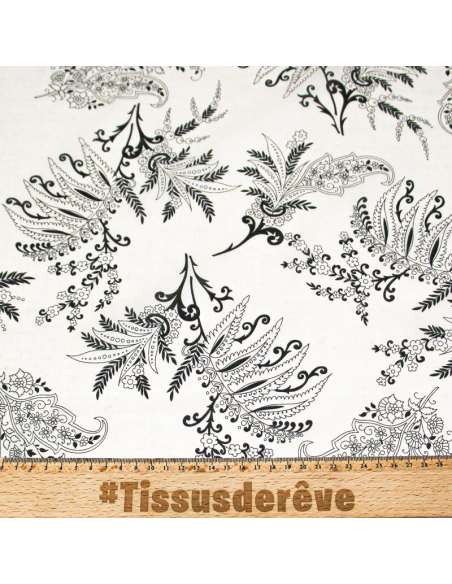 Voile 100% coton - Feuillage baroque noir et blanc