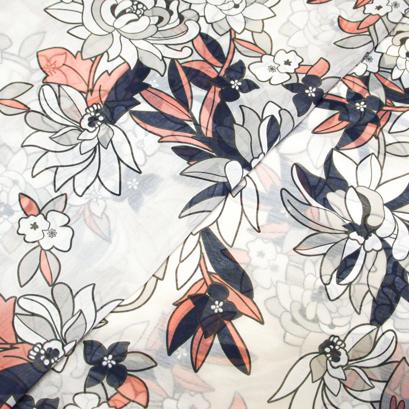 Voile soie et coton - Fleur rose et marine