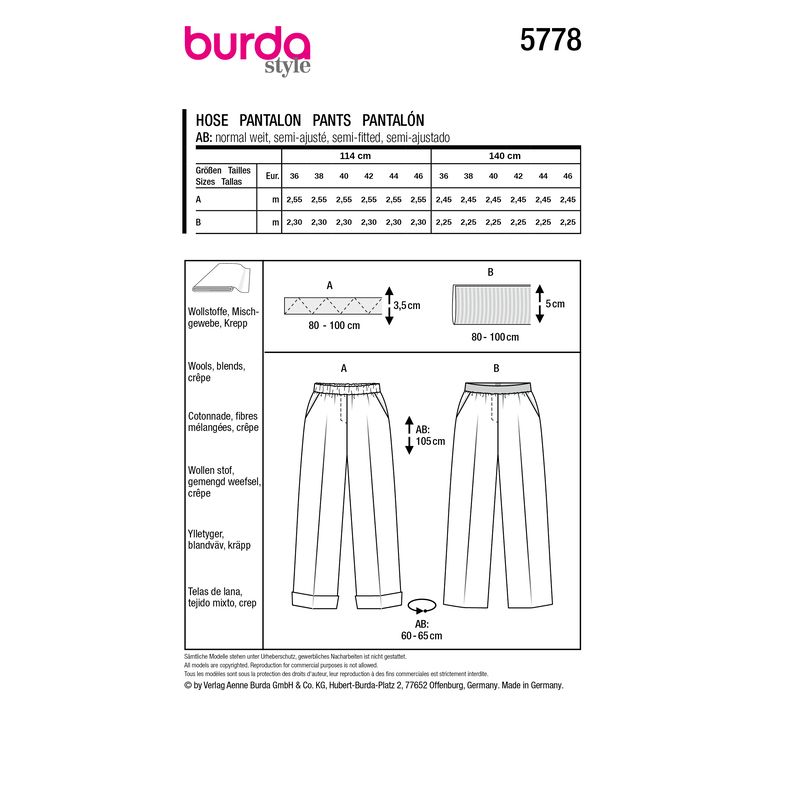 Patron Burda 5778 - Pantalon élégant et décontracté