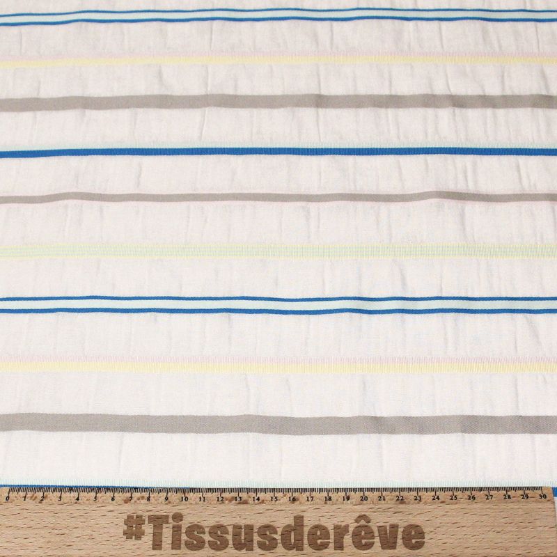 Étoffe lin, coton & viscose - Rayure multicolore tissé-teint fond blanc cassé