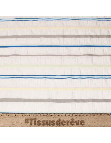 Étoffe lin, coton & viscose - Rayure multicolore tissé-teint fond blanc cassé