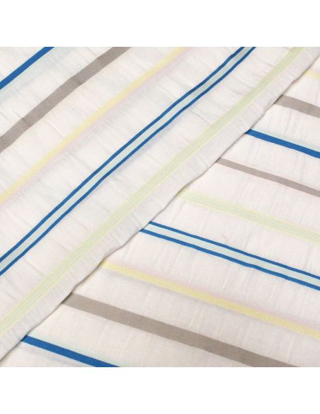 Étoffe lin, coton & viscose - Rayure multicolore tissé-teint fond blanc cassé