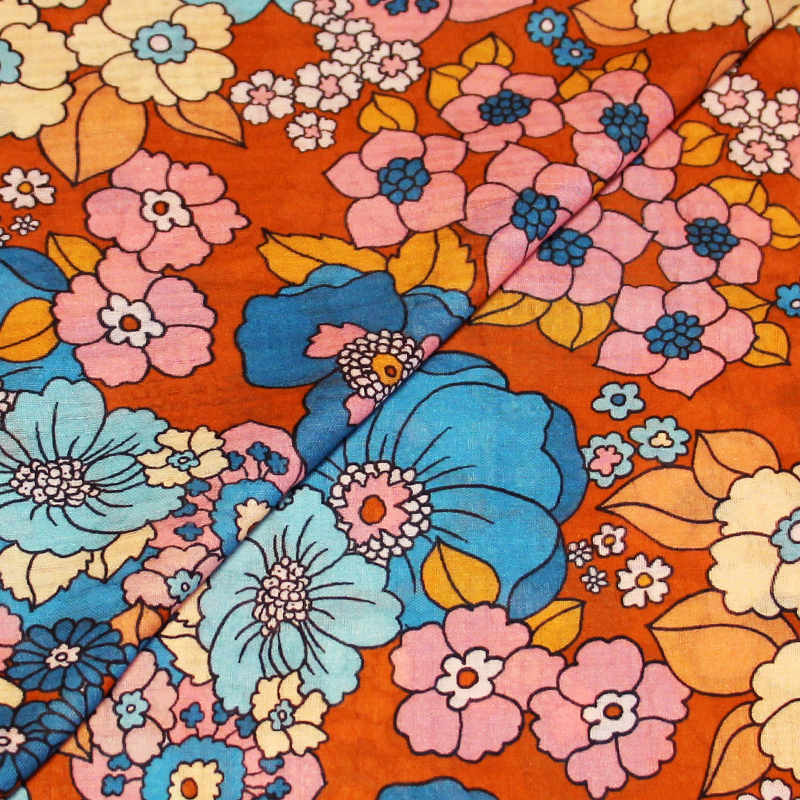 Gaze 100% coton -  Fleurs bleues et roses