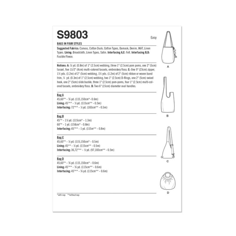 Patron Simplicity 9803.OS - Sacs en 4 styles