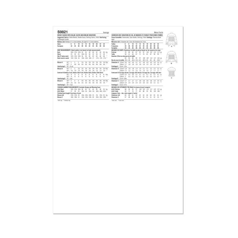 Patron Simplicity 9821.H5 (34-42) - Blouse pour femmes avec variations de col, manches et ourlet