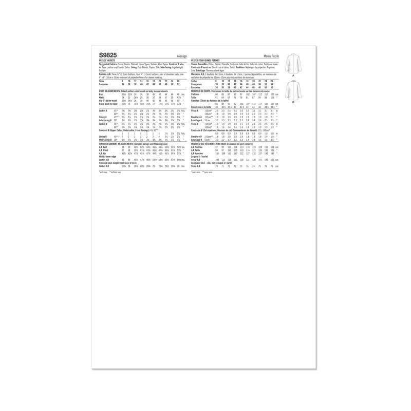 Patron Simplicity 9825.K5 (36-44) - Veste pour femmes