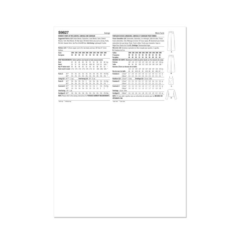 Patron Simplicity 9827.W2 (48-56) - Pantalon en deux longueurs, caraco et cardigan