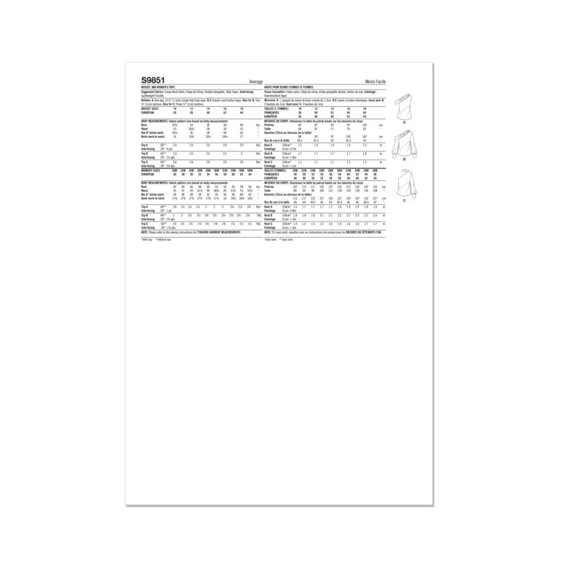 Patron Simplicity 9851.M1 (38-46) - Hauts pour femmes avec variations de manches