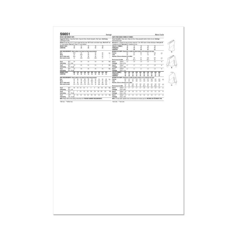 Patron Simplicity 9851.M1 (38-46) - Hauts pour femmes avec variations de manches