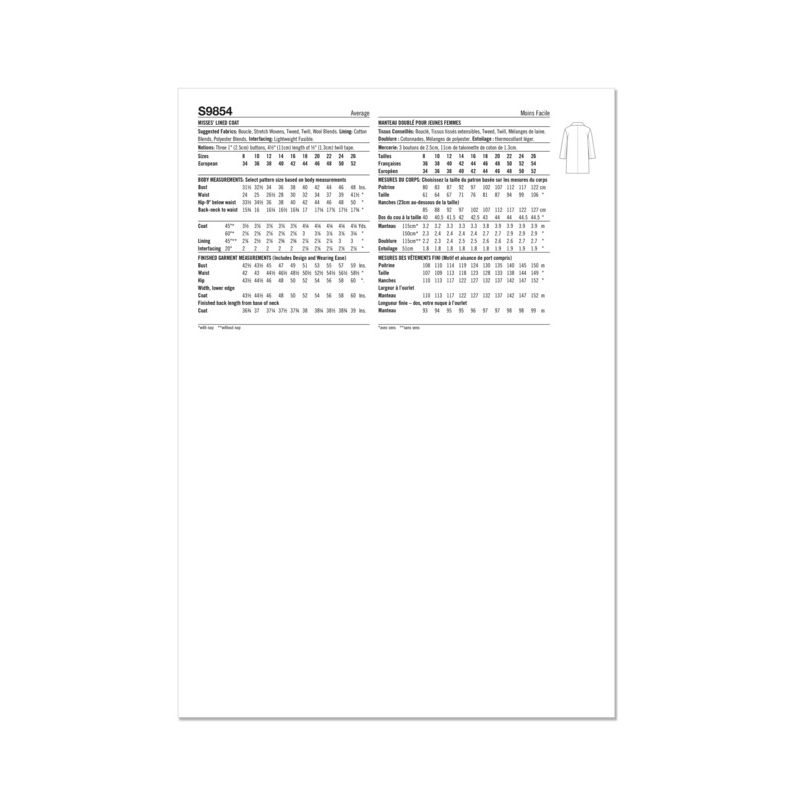 Patron Simplicity 9854.K5 (36-44) - Manteau doublé pour femmes