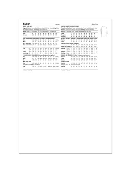 Patron Simplicity 9854.K5 (36-44) - Manteau doublé pour femmes