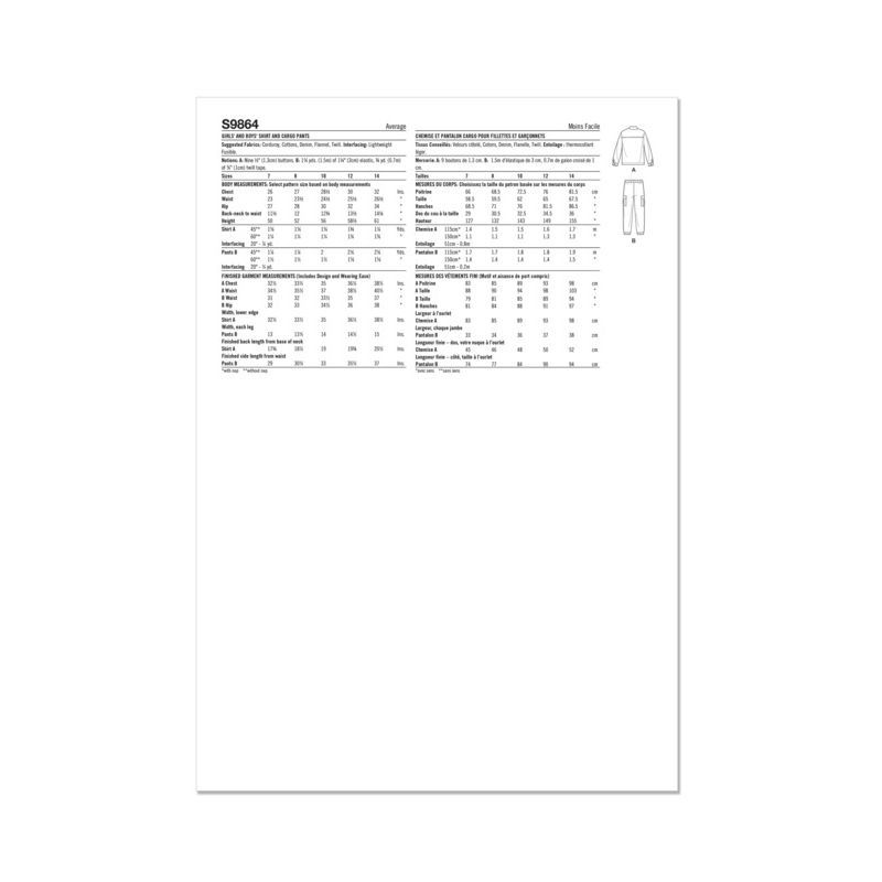 Patron Simplicity 9864.A - Chemise et pantalon cargo pour filles et garçons