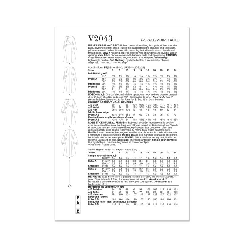 Patron Vogue 2043 H5 (34-42) - Robe drapée avec ceinture