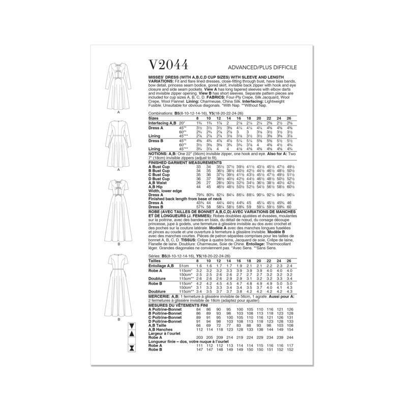 Patron Vogue 2044 B5 (36-44) - Robe Fit-and-Flare avec Variations de Manches