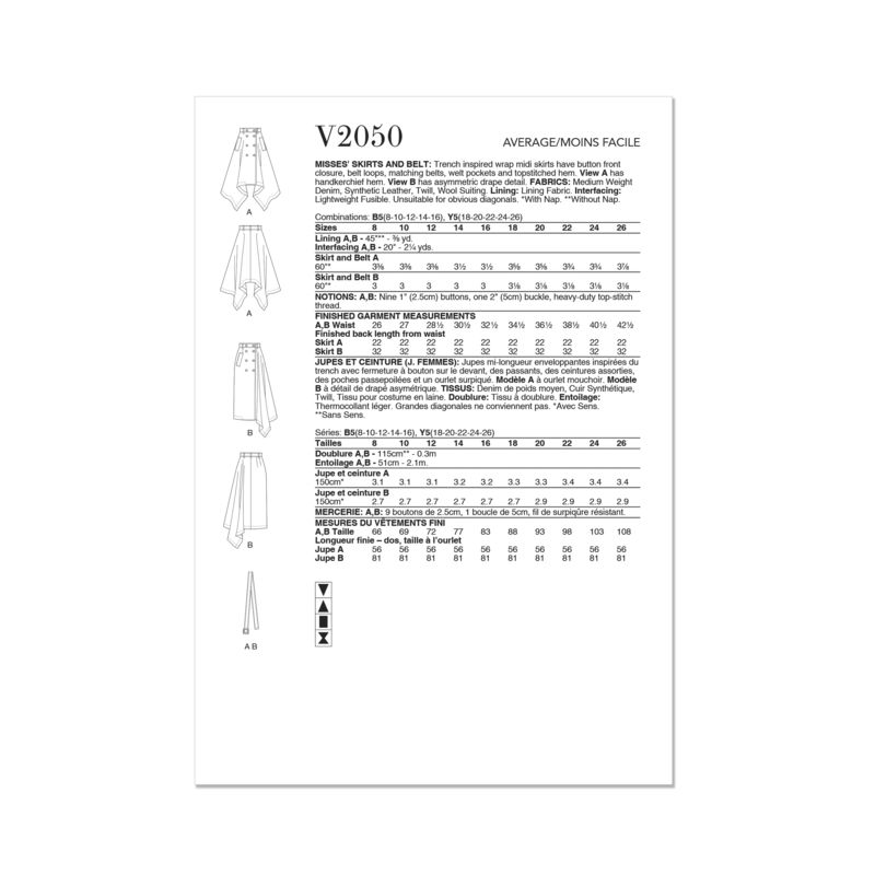 Patron Vogue 2050 B5 (36-44) - Jupe midi portefeuille avec ceinture