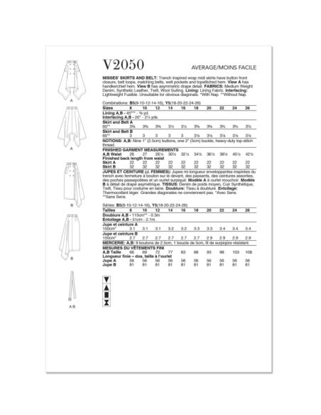 Patron Vogue 2050 B5 (36-44) - Jupe midi portefeuille avec ceinture
